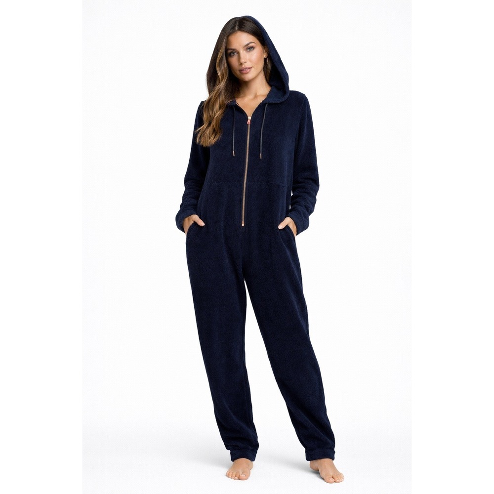 Yitty Pet Me‎ Jumpsuit One Piece Heart Navy Blue Hooded Zip Loungwear Fluffy L